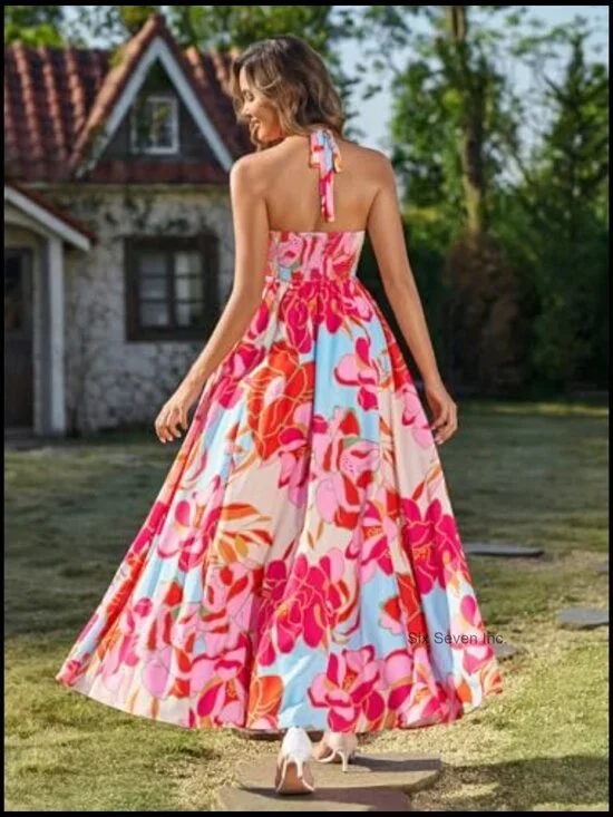 Polyester Elastane Maxi Sundress Halter Tie V Neck A Line with Pockets - Picture 5 of 5